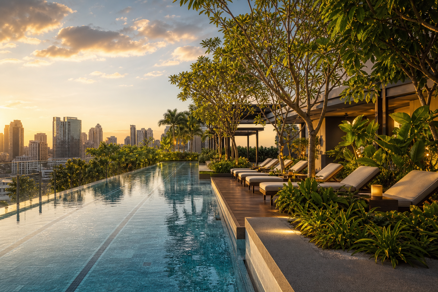 Original visualization of a landscaped pool and wellness deck