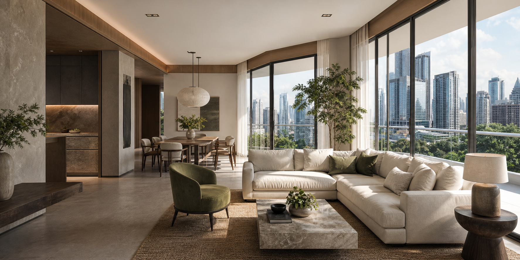 Original visualization of a refined condominium interior with city views