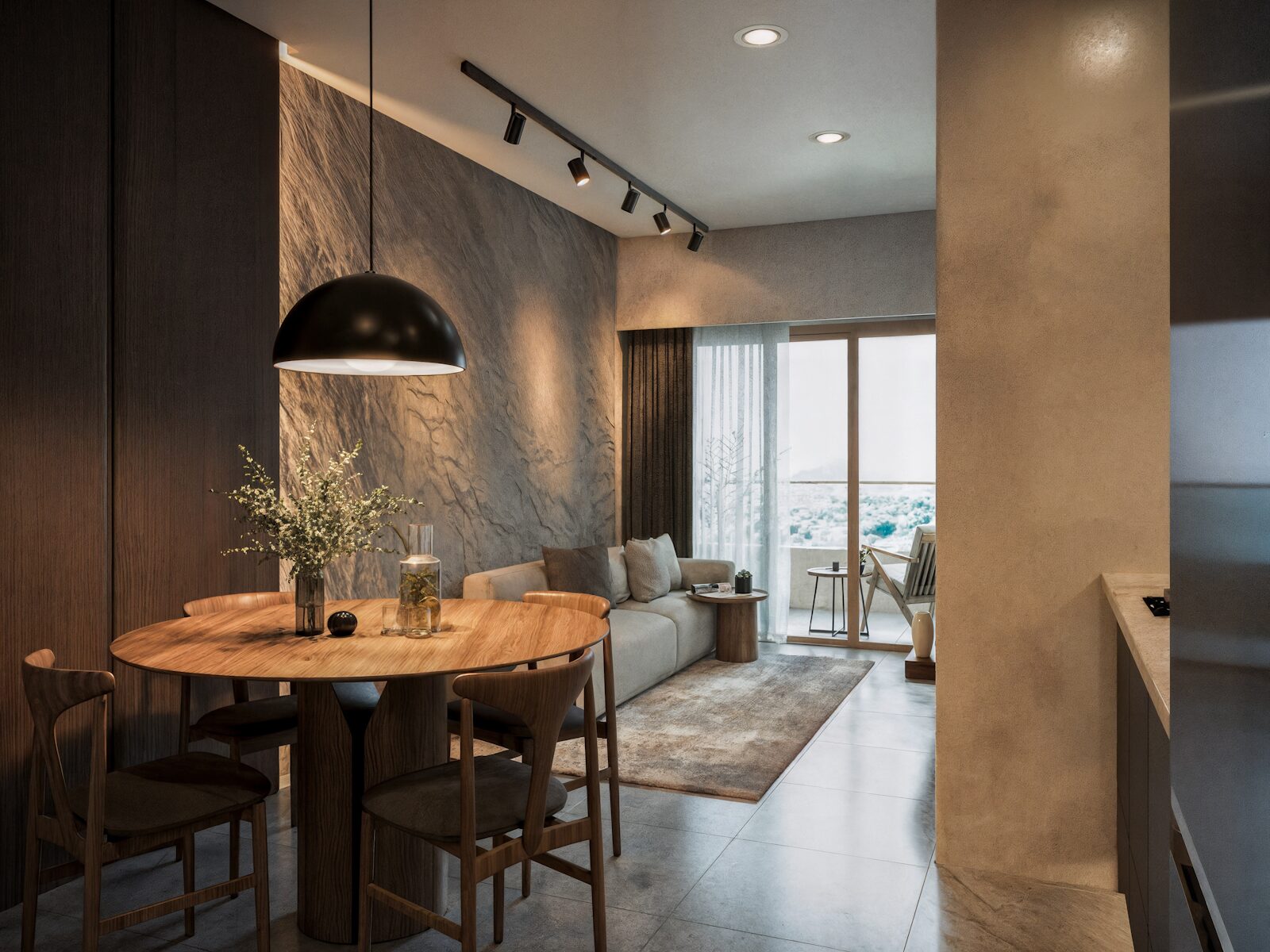Sondris One Bedroom Living, dining, kitchen, and balcony